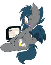 Size: 2000x2517 | Tagged: safe, artist:starlightlore, derpibooru import, oc, oc only, oc:speck, bat pony, computer, gasping, simple background, solo, transparent background