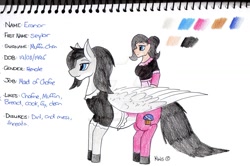 Size: 1024x679 | Tagged: safe, artist:krestenawolfshadow, derpibooru import, oc, oc only, human, pegasus, pony, humalos, traditional art, watermark