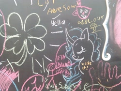 Size: 2592x1944 | Tagged: safe, artist:swift-wind, derpibooru import, oc, oc only, pony, unicorn, chalkboard, clover, curved horn, female, four leaf clover, mare, solo, traditional art