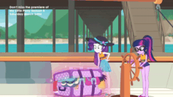 Size: 800x450 | Tagged: safe, derpibooru import, screencap, rarity, sci-twi, twilight sparkle, better together, equestria girls, the salty sails, animated, clothes, feet, flip-flops, geode of telekinesis, glasses, hat, lifejacket, ponytail, reversed, sandals, sarong, sun hat, swimsuit