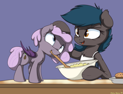 Size: 2908x2217 | Tagged: safe, artist:mistydash, derpibooru import, oc, oc only, oc:sirocca, oc:speck, bat pony, apron, baking, clothes, cute, food, muffin, petting