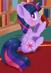 Size: 500x710 | Tagged: safe, artist:shusu, derpibooru import, twilight sparkle, twilight sparkle (alicorn), alicorn, pony, blushing, book, bookshelf, cute, female, looking at you, looking back, looking back at you, mare, solo, that pony sure does love books, twiabetes