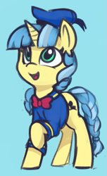 Size: 489x806 | Tagged: source needed, useless source url, safe, artist:lilfunkman, derpibooru import, oc, oc only, oc:ducky ink, pony, unicorn, blue background, braid, braided tail, clothes, cosplay, costume, cute, donald duck, female, lilfunkman is trying to murder us, mare, raised hoof, simple background, solo