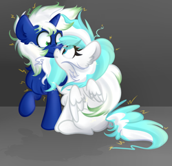 Size: 1024x987 | Tagged: safe, artist:littleblackraencloud, derpibooru import, oc, oc only, oc:mimic, oc:scribble, pegasus, pony, unicorn, chest fluff, cute, ear fluff, electricity, female, fluffy, looking at each other, male, mare, ocbetes, raised hoof, scrunchy face, sitting, stallion, standing, static