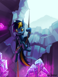 Size: 1500x2000 | Tagged: safe, artist:jedayskayvoker, derpibooru import, oc, oc only, oc:solaris, bat pony, pony, bat pony oc, cavern, crystal, digital art, ear fluff, fangs, male, rappelling, rope, scenery, solo, stallion