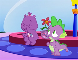 Size: 1763x1351 | Tagged: safe, derpibooru import, spike, dragon, care bears, care bears adventures of care a lot, crossover, crying, feeling sorry, flower, fountain, purse, share bear, sympathy