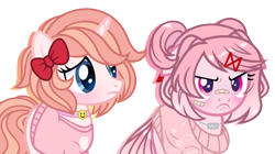 Size: 1996x1120 | Tagged: safe, artist:strawberry-spritz, derpibooru import, oc, oc only, oc:sakurana, oc:sunny side up, earth pony, pony, unicorn, angry, baka, base used, bow, clothes, costume, cute, cute little fangs, doki doki literature club, duo, fangs, female, floppy ears, freckles, hair bow, jewelry, mare, natsuki, necklace, not ponified but actually a based on oc, resemblance, sayori, shirt, simple background, sweater, transparent background