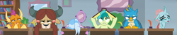 Size: 5355x1080 | Tagged: safe, derpibooru import, edit, edited screencap, screencap, gallus, ocellus, sandbar, silverstream, smolder, yona, changedling, changeling, dragon, earth pony, griffon, hippogriff, pony, yak, school daze, season 8, book, book hat, bored, classroom, composite screencap, desk, dragoness, facedesk, female, male, panorama, school, school desk, student six