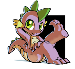 Size: 2699x2482 | Tagged: safe, artist:gsphere, derpibooru import, spike, dragon, abstract background, armpits, baby, baby dragon, cute, fangs, feet, green eyes, looking at you, male, pose, raised leg, scales, simple background, sitting, smiling, solo, spikabetes