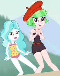 Size: 1918x2422 | Tagged: safe, derpibooru import, screencap, drama letter, paisley, watermelody, better together, equestria girls, turf war, background human, clothes, cropped, duo, duo female, female, swimsuit