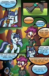 Size: 768x1202 | Tagged: safe, artist:snakeythingy, derpibooru import, scootaloo, oc, oc:spiral swirl, human, pony, equestria girls, boots, comic, commission, dialogue, imminent hypnosis, looking at each other, shoes