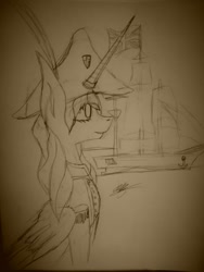 Size: 1932x2576 | Tagged: safe, artist:drawingwithapitoffriendship, derpibooru import, alicorn, pony, bicorne, boat, british empire, captain hat, female, flag, hat, nation ponies, ponified, solo, traditional art