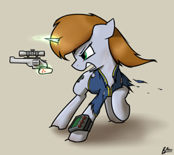 Size: 2800x2500 | Tagged: safe, artist:alexi148, derpibooru import, oc, oc:littlepip, pony, unicorn, fallout equestria, clothes, fanfic, fanfic art, female, glowing horn, gun, handgun, high res, hooves, horn, levitation, little macintosh, magic, mare, open mouth, pipbuck, revolver, simple background, solo, teeth, telekinesis, torn clothes, vault suit, weapon