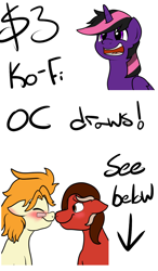 Size: 700x1200 | Tagged: safe, artist:bennimarru, derpibooru import, oc, oc:cadenza heartsong, oc:misty shadows, oc:pop star, advertisement, blushing, boop, ko-fi, noseboop, open mouth, shipping