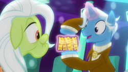 Size: 1920x1080 | Tagged: safe, derpibooru import, screencap, granny smith, jack pot, earth pony, pony, unicorn, grannies gone wild, clothes, duo, female, glowing horn, loose hair, magic, male, mare, stallion, suit, telekinesis, ticket