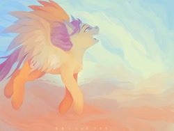 Size: 1280x960 | Tagged: safe, artist:tey777, derpibooru import, scootaloo, pegasus, pony, cloud, cloudy, female, flying, open mouth, scootaloo can fly, sky, smiling, solo, spread wings, wings