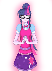 Size: 1800x2449 | Tagged: safe, artist:grandzebulon, derpibooru import, sci-twi, twilight sparkle, equestria girls, belt, clothes, female, glasses, gradient background, looking at you, open mouth, ponytail, skirt, solo