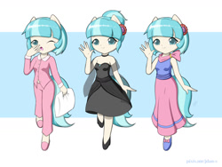 Size: 1600x1200 | Tagged: safe, artist:jdan-s, derpibooru import, part of a set, coco pommel, anthro, alternate hairstyle, clothes, cocobetes, cute, dress, fashion style, formal, formal wear, looking at you, pajamas, pillow, pixiv, ponytail, skirt, sleepy, toy, toy interpretation, yawn