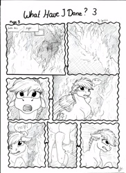 Size: 2550x3506 | Tagged: safe, artist:lupiarts, derpibooru import, oc, oc only, oc:chess, comic:what have i done, black and white, comic, dream, fire, grayscale, monochrome, nightmare, sad, traditional art