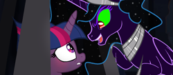 Size: 1313x571 | Tagged: safe, artist:galaxyswirlsyt, derpibooru import, oc, oc only, oc:moonlight sonata, oc:spicy sparkle, oc:starhlung, pony, unicorn, base used, female, magical lesbian spawn, mare, nightmare form, offspring, parent:king sombra, parent:princess luna, parent:tempest shadow, parent:twilight sparkle, parents:lumbra, parents:tempestlight