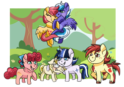 Size: 1490x1047 | Tagged: safe, artist:kitkatsart, derpibooru import, oc, oc only, oc:applesauce, oc:hot cross buns, oc:phoenix feather, oc:stormy nights, oc:sunny days, oc:vespera, earth pony, pegasus, pony, unicorn, female, flower, freckles, glasses, handkerchief, hug, male, mare, next generation, offspring, parent:apple bloom, parent:big macintosh, parent:cheese sandwich, parent:flash sentry, parent:fluttershy, parent:pinkie pie, parent:pipsqueak, parent:rainbow dash, parent:soarin', parent:sunset shimmer, parent:timber spruce, parent:twilight sparkle, parents:cheesepie, parents:flashlight, parents:fluttermac, parents:pipbloom, parents:soarindash, stallion, tree