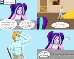 Size: 2000x1600 | Tagged: safe, artist:jake heritagu, derpibooru import, aria blaze, oc, siren, comic:aria's archives, equestria girls, blushing, clothes, comic, flashback, haystack, pitchfork, rawr, sweat, tanktop