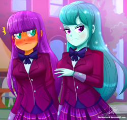 Size: 1220x1160 | Tagged: safe, artist:the-butch-x, derpibooru import, cold forecast, ginger owlseye, equestria girls, friendship games, blushing, bowtie, clothes, crystal prep academy uniform, duo, duo female, female, looking at you, plaid skirt, pleated skirt, school uniform, signature, skirt