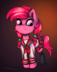 Size: 1989x2504 | Tagged: safe, artist:ferasor, derpibooru import, oc, oc only, pony, braid, clothes, cute, female, mare, pigtails, pleated skirt, sailor, signature, skirt, skirt lift, smiling, solo