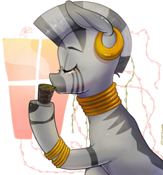 Size: 1321x1426 | Tagged: safe, artist:catpepper, derpibooru import, zecora, zebra, bracelet, cup, drinking, ear piercing, earring, eyelashes, eyes closed, female, food, jewelry, piercing, solo, tea