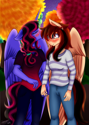 Size: 1428x2000 | Tagged: safe, artist:shamy-crist, derpibooru import, oc, oc only, oc:jack pie, oc:shamy, alicorn, anthro, pegasus, clothes, female, kissing, lesbian