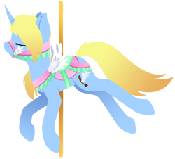 Size: 1565x1416 | Tagged: safe, artist:mynder, derpibooru import, oc, oc only, oc:art's desire, pony, unicorn, carousel, clothes, curved horn, cutie mark, eyes closed, fake wings, female, gradient mane, gradient tail, hooves, horn, lineless, mare, reins, saddle, simple background, solo, tack, transparent background, wings