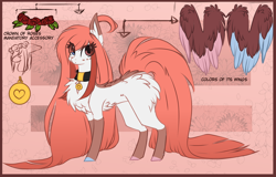 Size: 1024x657 | Tagged: safe, artist:little-sketches, derpibooru import, oc, oc only, oc:aki, pegasus, pony, chest fluff, collar, colored hooves, colored wings, colored wingtips, ear fluff, female, fluffy, heterochromia, long hair, long tail, looking at you, mare, pet tag, reference sheet, socks (coat marking), solo, two toned wings