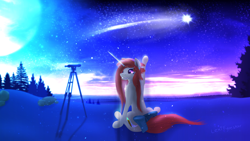 Size: 1600x903 | Tagged: safe, artist:lexi fyrestar, derpibooru import, oc, oc only, oc:misty moonlight, excited, moon, shooting star, solo, stargazing, telescope