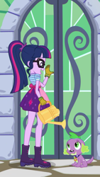 Size: 1242x2208 | Tagged: safe, derpibooru import, screencap, sci-twi, spike, spike the regular dog, twilight sparkle, dog, better together, equestria girls, my little shop of horrors, boots, celestia's house, clothes, cute, glasses, gloves, looking at each other, ponytail, shoes, skirt, spikabetes, twiabetes, watering can