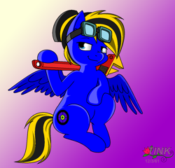 Size: 1104x1060 | Tagged: safe, artist:pencil bolt, derpibooru import, oc, oc only, oc:mos, pegasus, pony, blue eyes, engineer, goggles, male, smiling, wrench