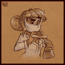 Size: 1500x1500 | Tagged: safe, artist:meekcheep, derpibooru import, sci-twi, twilight sparkle, equestria girls, clothes, erlenmeyer flask, female, goggles, hair bun, lab coat, monochrome, sepia, solo, test tube