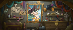 Size: 1920x804 | Tagged: safe, derpibooru import, screencap, captain celaeno, anthro, parrot, my little pony: the movie, background, bag, beads, candle, cannonball, chest, clock, compass, curtains, cutlass, drawer, ear piercing, earring, feather, gold, hat, hook, jem, jewelry, key, map, necklace, painting, pearl, pearl necklace, perfume, picture, picture frame, piercing, pirate hat, rope, saber, sack, scroll, shelf, skull, sword, telescope, time to be awesome, treasure chest, weapon