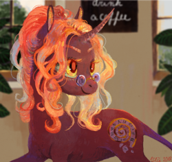 Size: 600x567 | Tagged: safe, artist:wolfiedrawie, derpibooru import, oc, oc only, oc:wormhole, classical unicorn, pony, unicorn, art trade, cloven hooves, female, glasses, indoors, leonine tail, mare, plant, smiling, solo