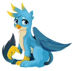 Size: 690x667 | Tagged: safe, artist:yoonny92, derpibooru import, gallus, griffon, folded wings, looking at you, male, raised claw, simple background, sitting, solo