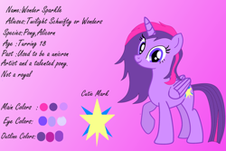 Size: 1024x683 | Tagged: safe, artist:wonderschwifty, derpibooru import, oc, oc:wonder sparkle, alicorn, alicorn oc, cutie mark, reference sheet, smiling