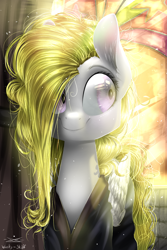 Size: 1000x1500 | Tagged: safe, artist:wacky-skiff, derpibooru import, surprise, pegasus, pony, clothes, female, hair over one eye, mare, smiling, solo, sunlight