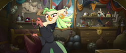 Size: 1920x804 | Tagged: safe, derpibooru import, screencap, captain celaeno, anthro, my little pony: the movie, bag, beads, candle, cannonball, chest, compass, curtains, cutlass, drawer, ear piercing, earring, feather, gem, gold, hat, hook, jewelry, map, necklace, painting, pearl, pearl necklace, perfume, picture frame, piercing, pirate hat, rope, sack, scroll, shelf, skull, storm king's messenger outfit, sword, telescope, time to be awesome, treasure chest, weapon