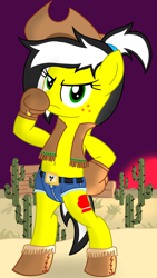 Size: 1080x1920 | Tagged: safe, artist:toyminator900, derpibooru import, oc, oc only, oc:uppercute, earth pony, pony, belly button, belt, bipedal, boots, boxing gloves, cactus, clothes, cowboy hat, daisy dukes, desert, freckles, hat, looking at you, shoes, shorts, solo, stetson, sun