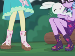 Size: 2048x1536 | Tagged: safe, derpibooru import, screencap, angel bunny, fluttershy, sci-twi, twilight sparkle, butterfly, equestria girls, equestria girls series, stressed in show, stressed in show: fluttershy, boots, clothes, cropped, dress, glasses, log, mud, muddy, shoes, skirt