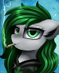 Size: 1446x1764 | Tagged: safe, artist:pridark, derpibooru import, oc, oc only, oc:arbor, pony, cigarette, clothes, commission, female, looking at you, mare, smiling, smoking