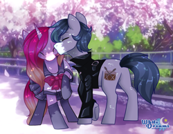 Size: 2395x1863 | Tagged: safe, artist:xwhitedreamsx, derpibooru import, oc, oc only, pony, clothes, commission, cute, eyes closed, female, flower petals, jacket, male, mare, oc x oc, raised hoof, school uniform, shipping, socks, stallion, straight, tree