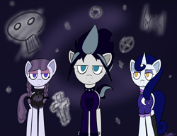 Size: 1300x1000 | Tagged: safe, artist:icywindthepony, derpibooru import, inky rose, moonlight raven, snow hope, fake it 'til you make it, goth, gothic, group