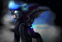 Size: 1023x686 | Tagged: safe, artist:eggymy, derpibooru import, nightmare moon, alicorn, pony, crying, missing accessory, night, solo, spread wings, wings