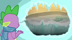 Size: 1024x576 | Tagged: safe, artist:alltheworldbronyf, derpibooru import, spike, dragon, cave, clothes, fire, light, shadow, snow, solo, winter