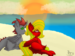 Size: 1400x1050 | Tagged: safe, artist:thomas tesla, derpibooru import, oc, oc only, changeling, griffon, hybrid, beach, changeling oc, commission, sand, sunset